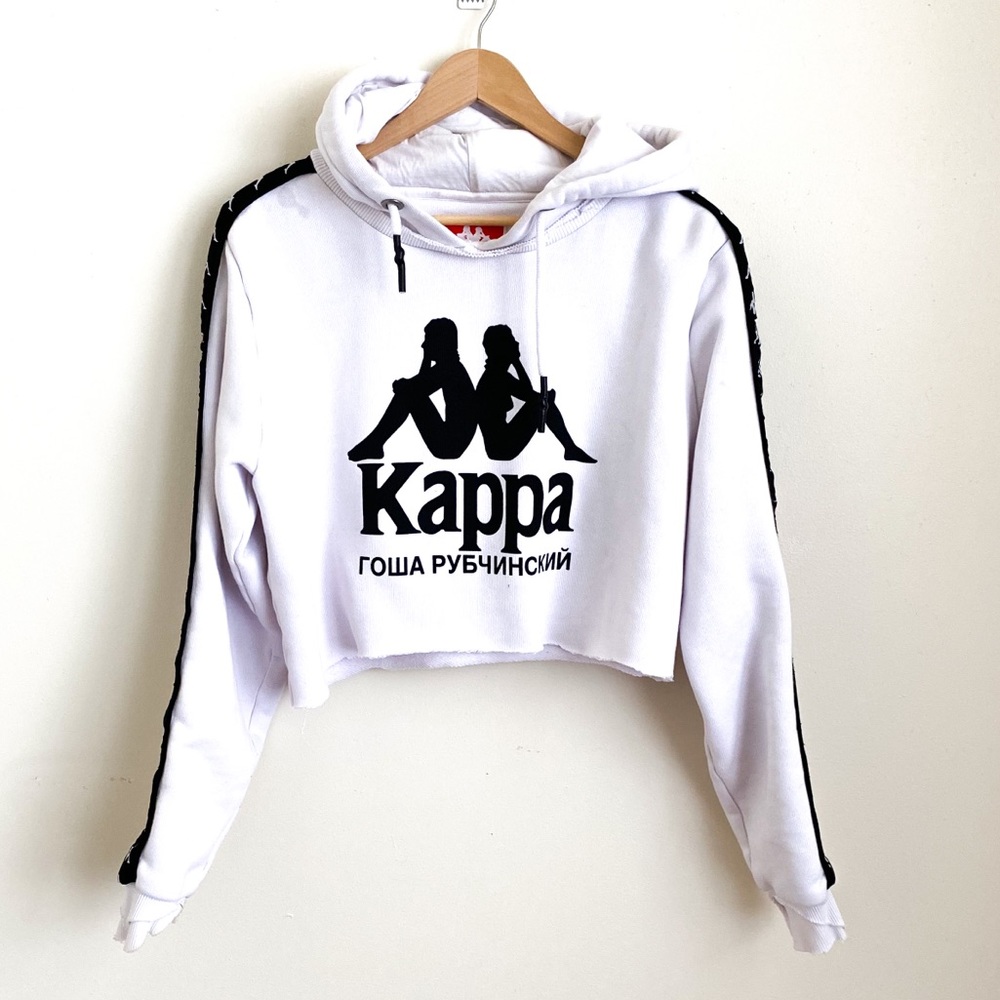 Kappa Rowa Distressed Thick Cropped Graphic Black White Hoodie Sweatshirt Sz XL